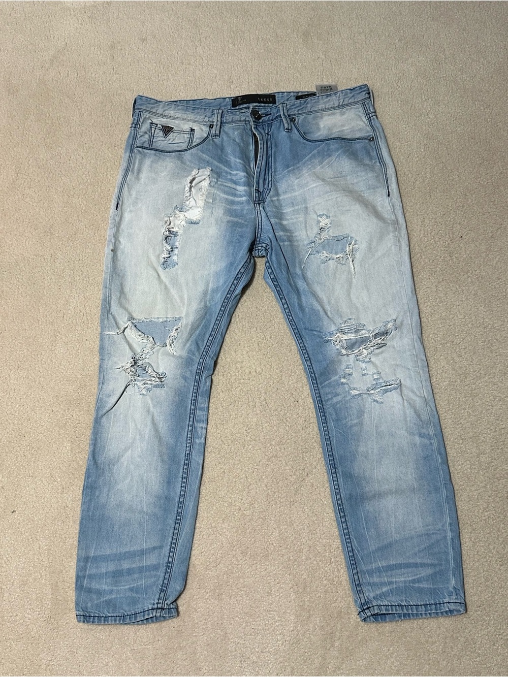 Guess Light Blue Distressed Slim Straight Jeans